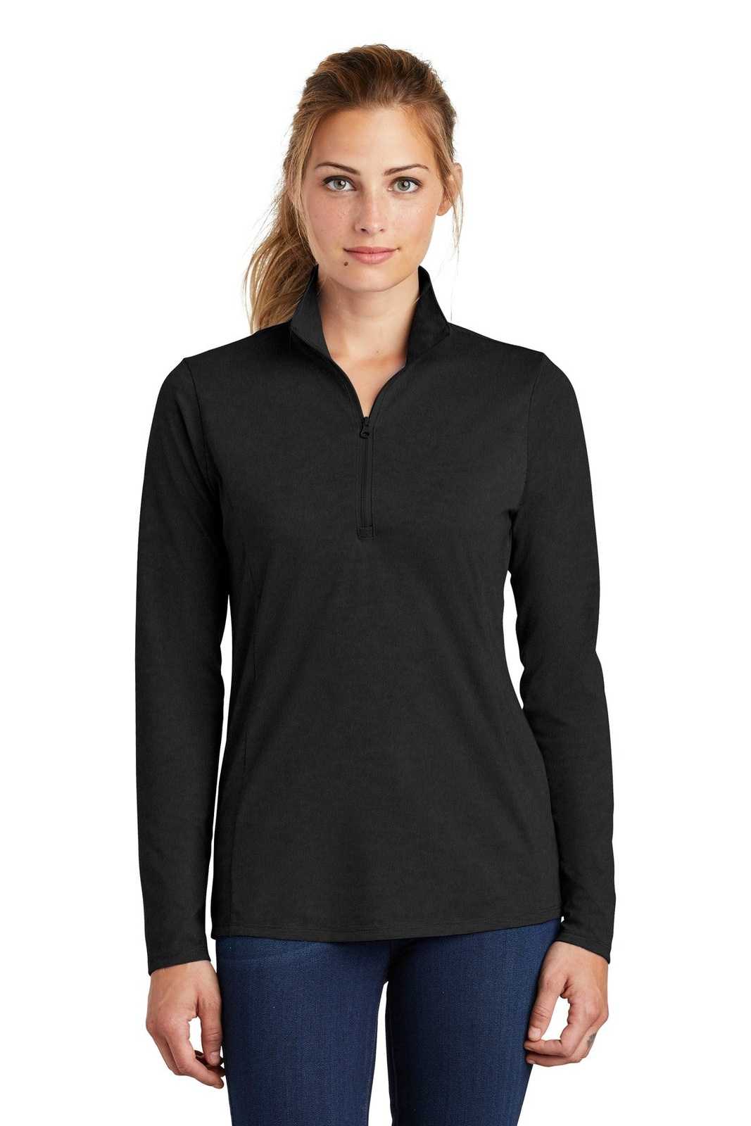 Sport-Tek LST407 Ladies PosiCharge Tri-Blend Wicking 1/4-Zip Pullover - Black Triad Solid - HIT a Double - 1