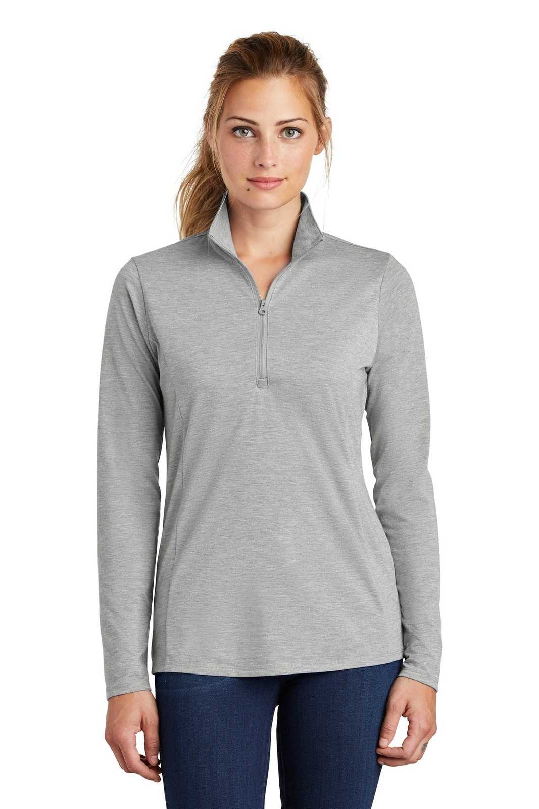 Sport-Tek LST407 Ladies PosiCharge Tri-Blend Wicking 1/4-Zip Pullover - Light Gray Heather - HIT a Double - 1