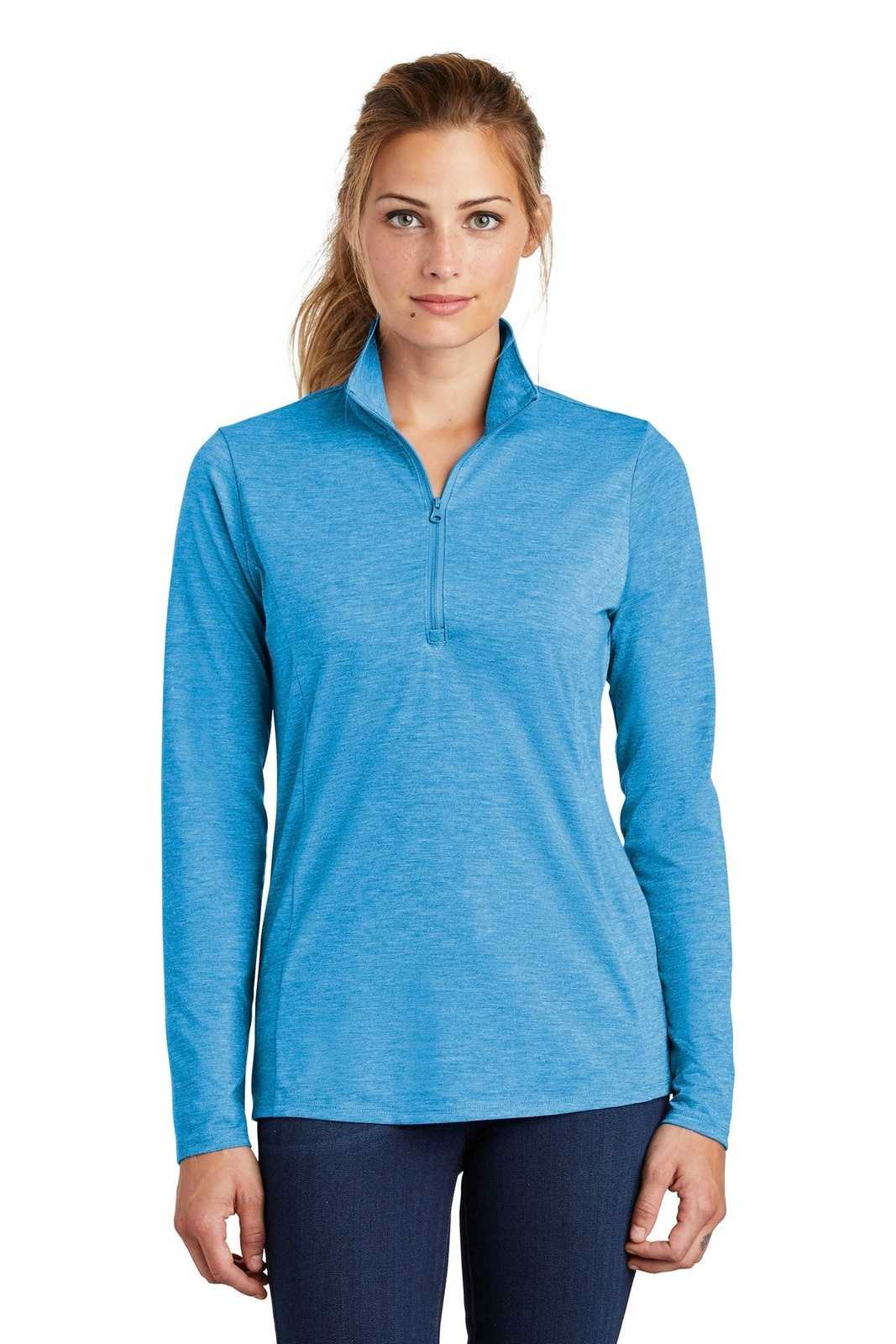 Sport-Tek LST407 Ladies PosiCharge Tri-Blend Wicking 1/4-Zip Pullover - Pond Blue Heather - HIT a Double - 1