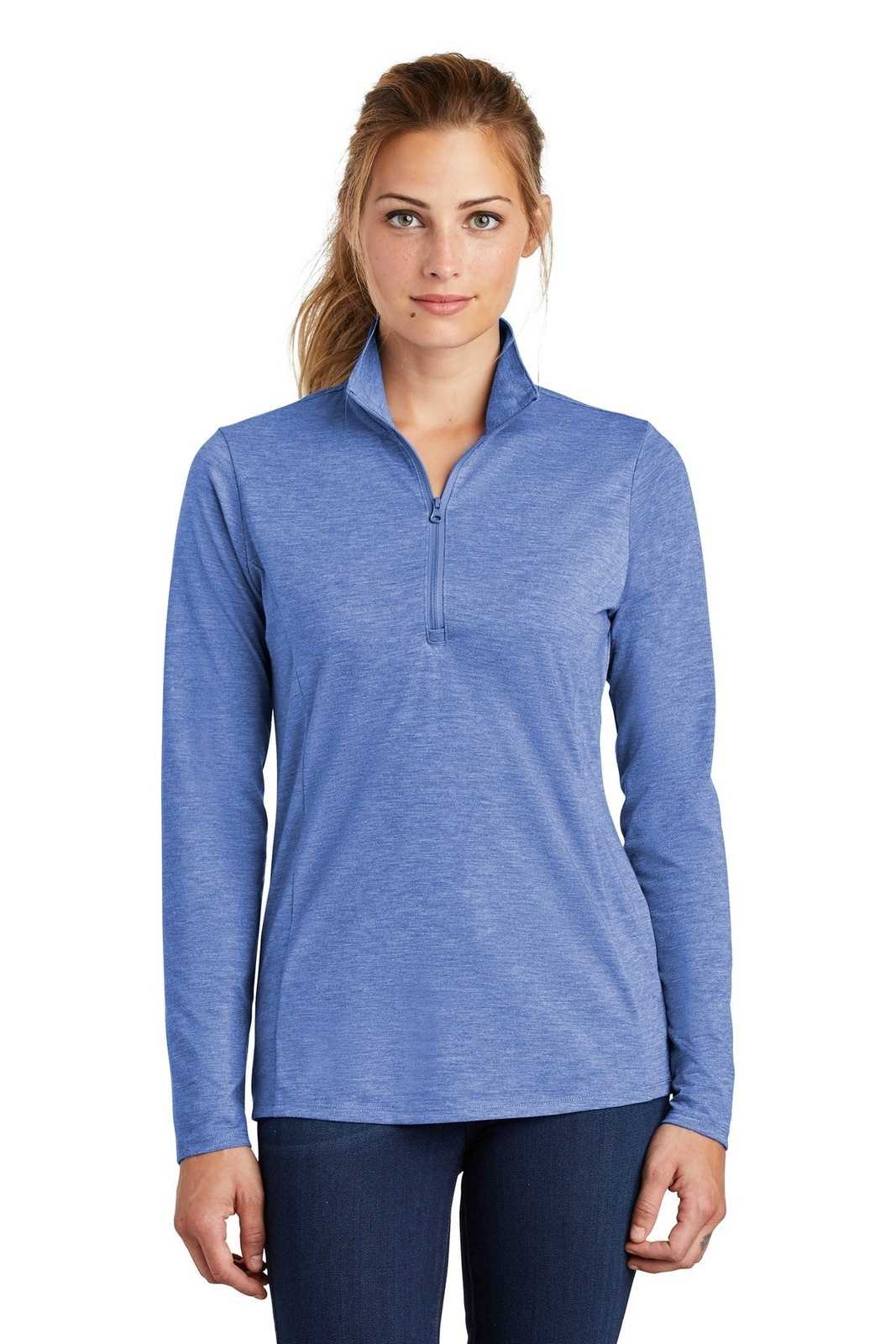 Sport-Tek LST407 Ladies PosiCharge Tri-Blend Wicking 1/4-Zip Pullover - True Royal Heather - HIT a Double - 1