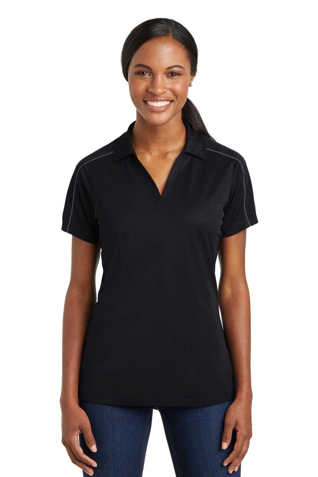 Sport-Tek LST653 Ladies Micropique Sport-Wick Piped Polo - Black Iron Gray - HIT a Double - 1