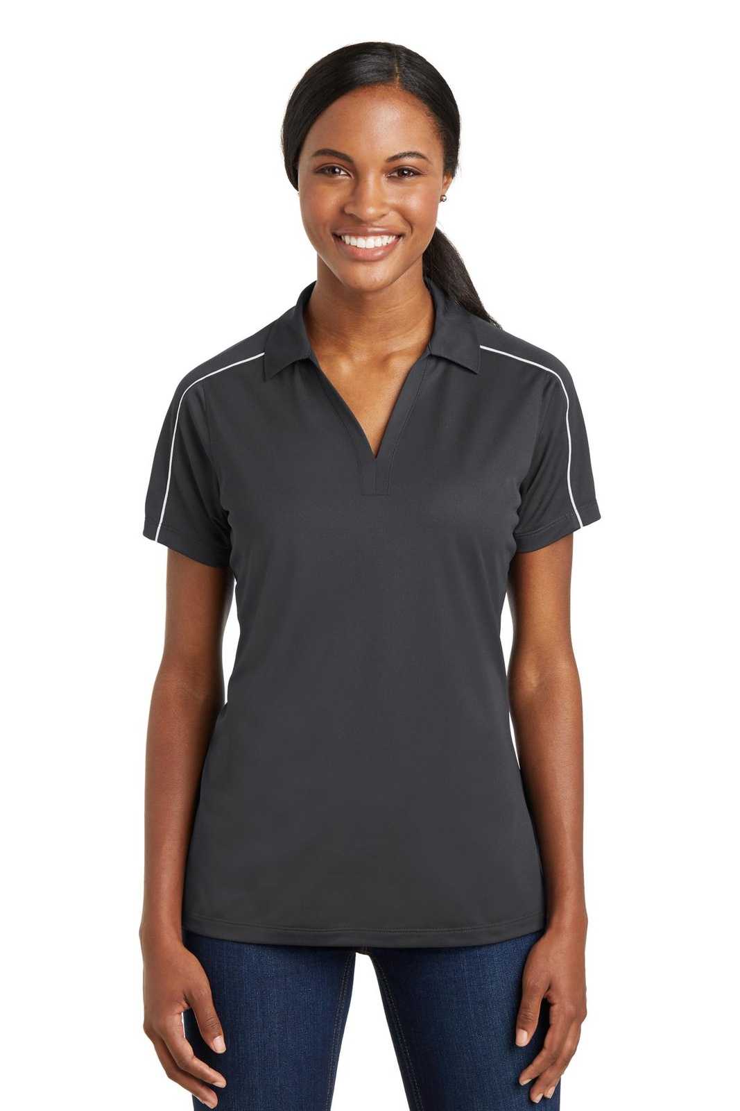 Sport-Tek LST653 Ladies Micropique Sport-Wick Piped Polo - Iron Gray White - HIT a Double - 1