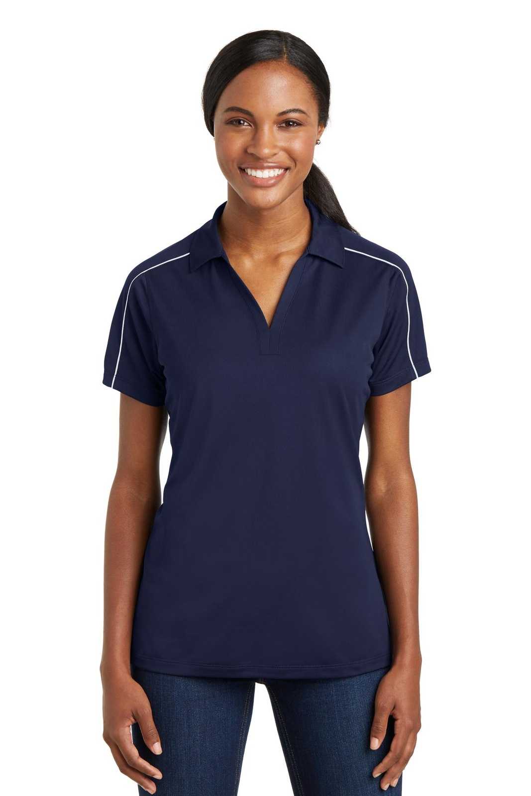 Sport-Tek LST653 Ladies Micropique Sport-Wick Piped Polo - True Navy White - HIT a Double - 1