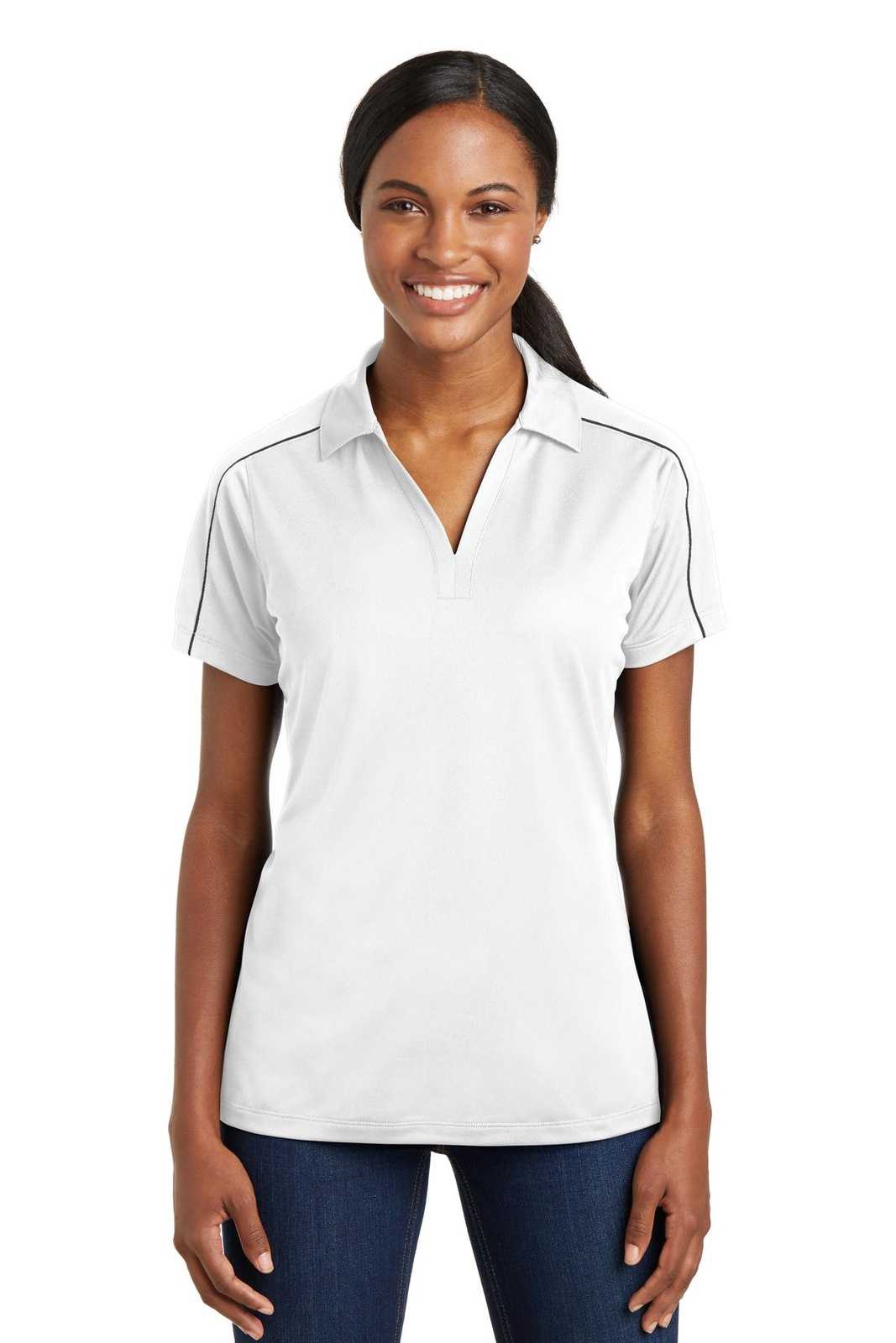 Sport-Tek LST653 Ladies Micropique Sport-Wick Piped Polo - White Iron Gray - HIT a Double - 1