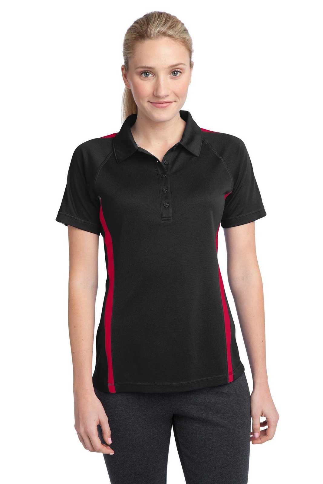Sport-Tek LST685 Ladies PosiCharge Micro-Mesh Colorblock Polo - Black Red - HIT a Double - 1