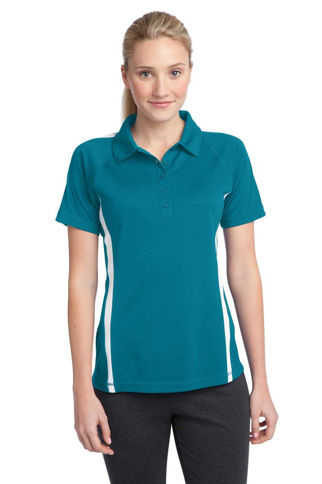 Sport-Tek LST685 Ladies PosiCharge Micro-Mesh Colorblock Polo - Blue Wake White - HIT a Double - 1