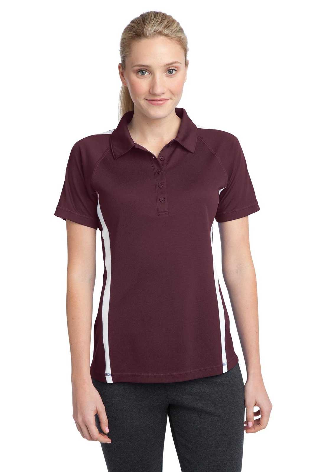 Sport-Tek LST685 Ladies PosiCharge Micro-Mesh Colorblock Polo - Maroon White - HIT a Double - 1