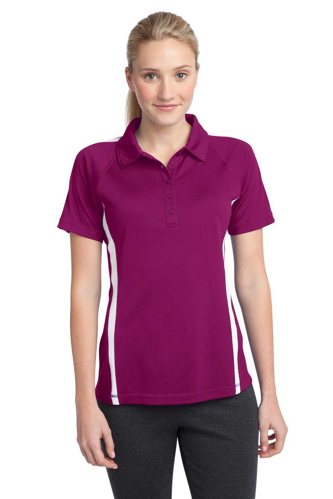 Sport-Tek LST685 Ladies PosiCharge Micro-Mesh Colorblock Polo - Pink Rush White - HIT a Double - 1