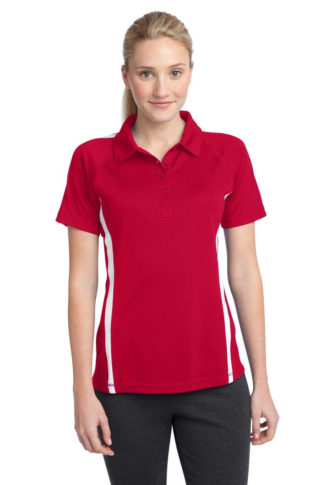 Sport-Tek LST685 Ladies PosiCharge Micro-Mesh Colorblock Polo - True Red White - HIT a Double - 1