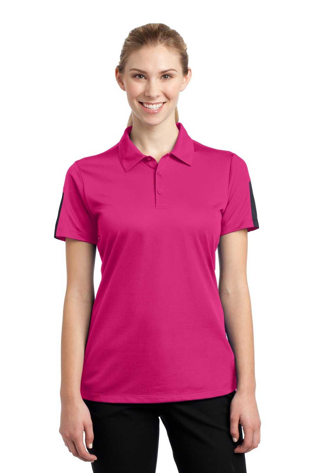 Sport-Tek LST695 Ladies PosiCharge Active Textured Colorblock Polo - Pink Raspberry Gray - HIT a Double - 1