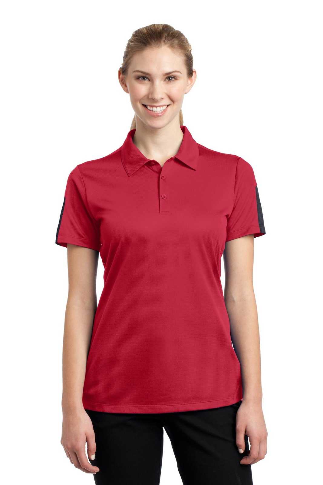 Sport-Tek LST695 Ladies PosiCharge Active Textured Colorblock Polo - True Red Gray - HIT a Double - 1