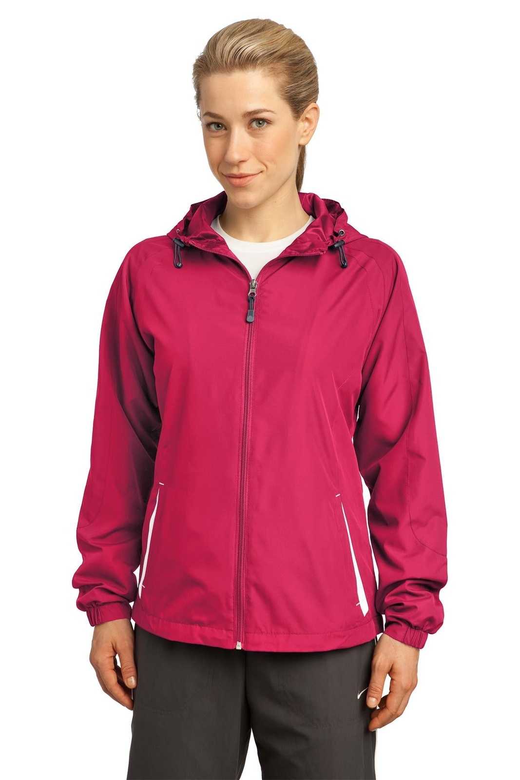 Sport-Tek LST76 Ladies Colorblock Hooded Raglan Jacket - Pink Raspberry White - HIT a Double - 1