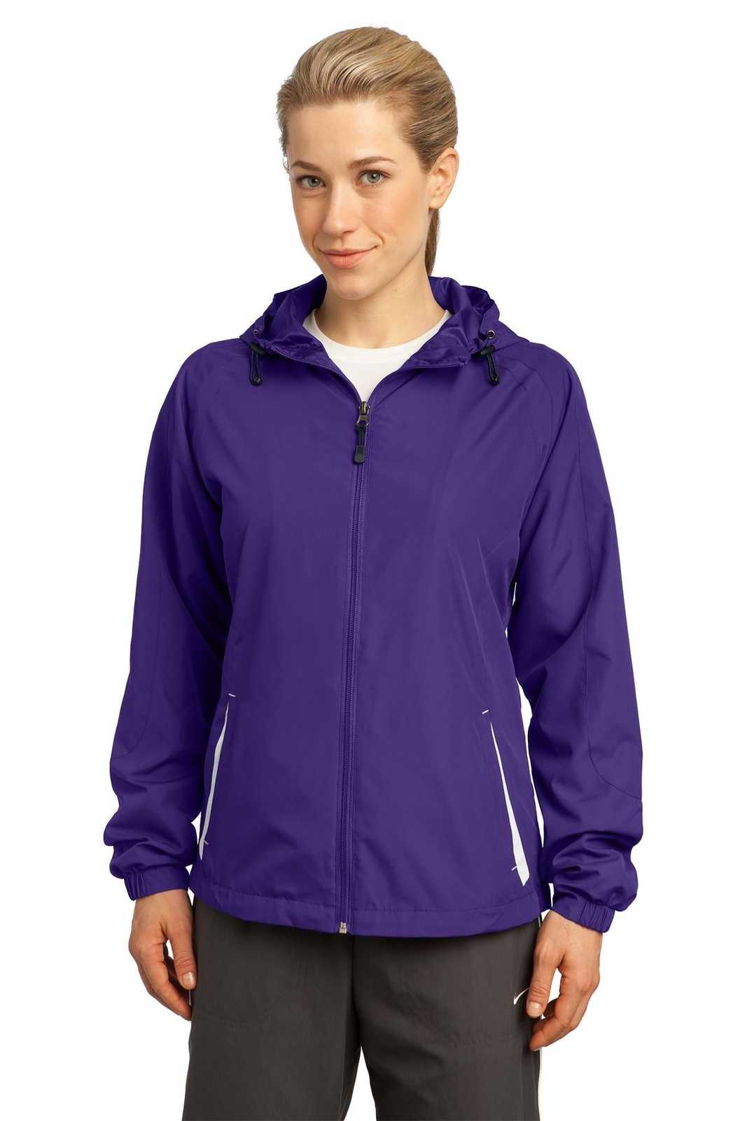 Sport-Tek LST76 Ladies Colorblock Hooded Raglan Jacket - Purple White - HIT a Double - 1