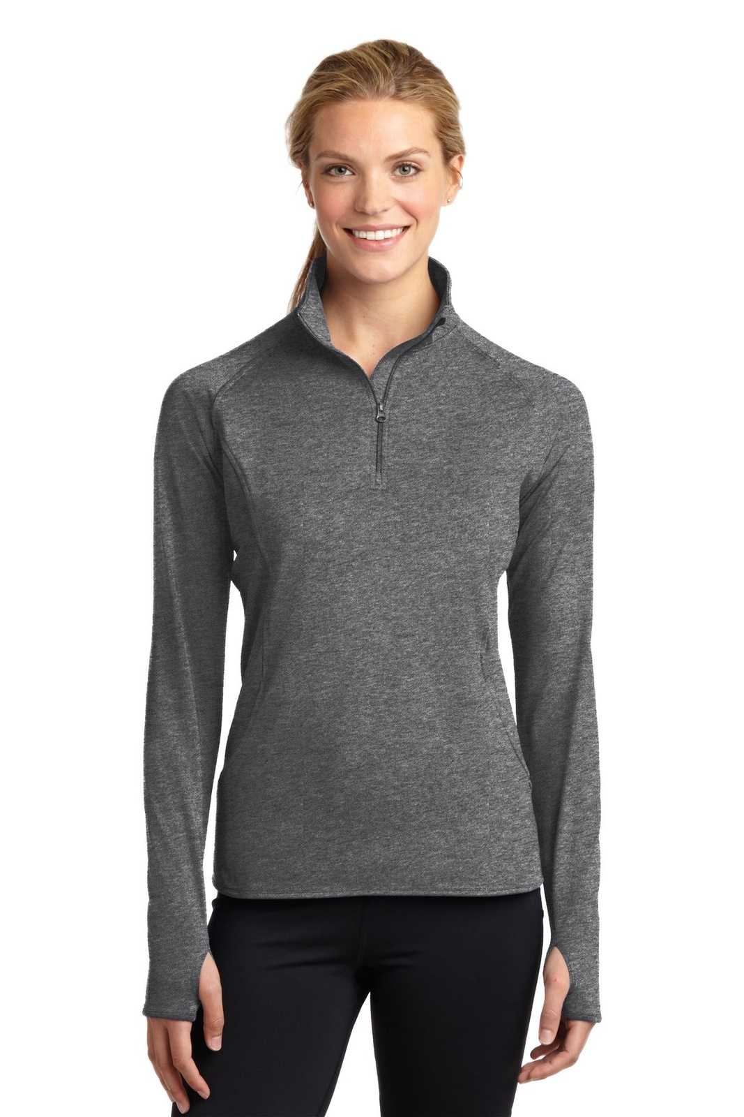 Sport-Tek LST850 Ladies Sport-Wick Stretch 1/2-Zip Pullover - Charcoal Gray Heather - HIT a Double - 1