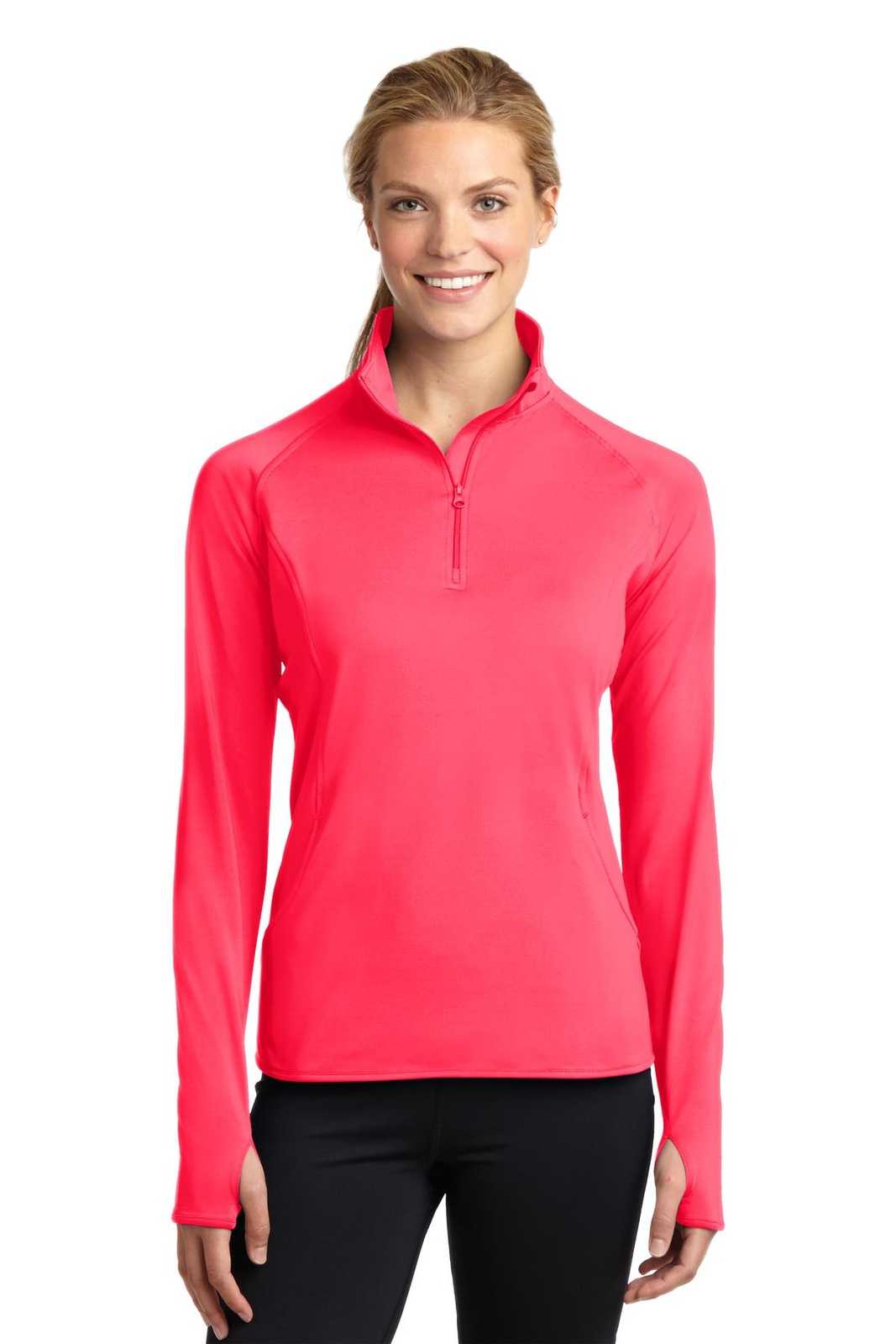 Sport-Tek LST850 Ladies Sport-Wick Stretch 1/2-Zip Pullover - Hot Coral - HIT a Double - 1