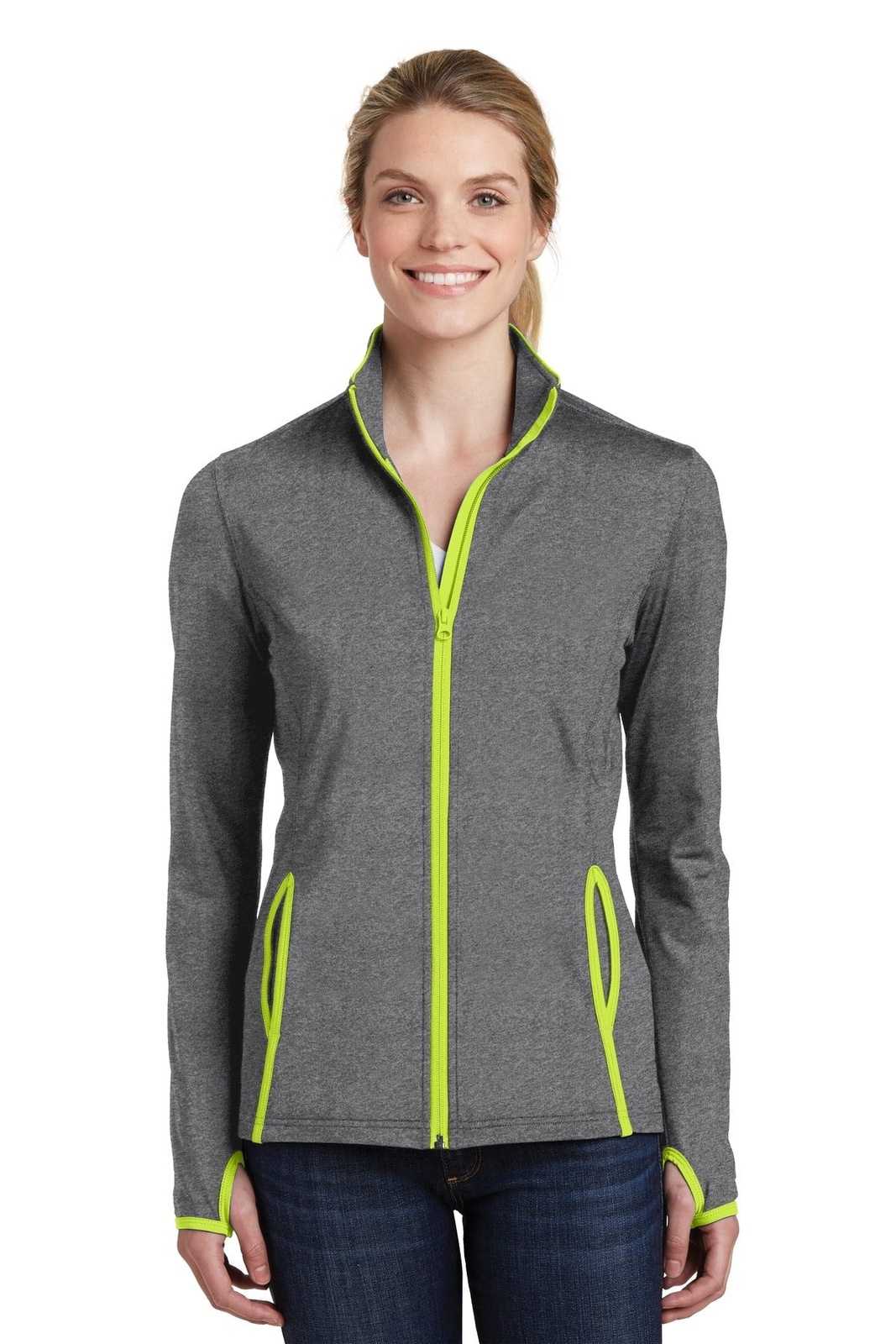 Sport-Tek LST853 Ladies Sport-Wick Stretch Contrast Full-Zip Jacket - Charcoal Gray Heather Charge Green - HIT a Double - 1