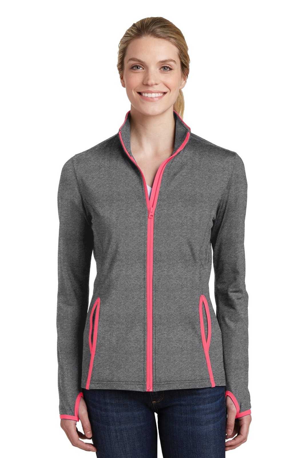 Sport-Tek LST853 Ladies Sport-Wick Stretch Contrast Full-Zip Jacket - Charcoal Gray Heather Hot Coral - HIT a Double - 1
