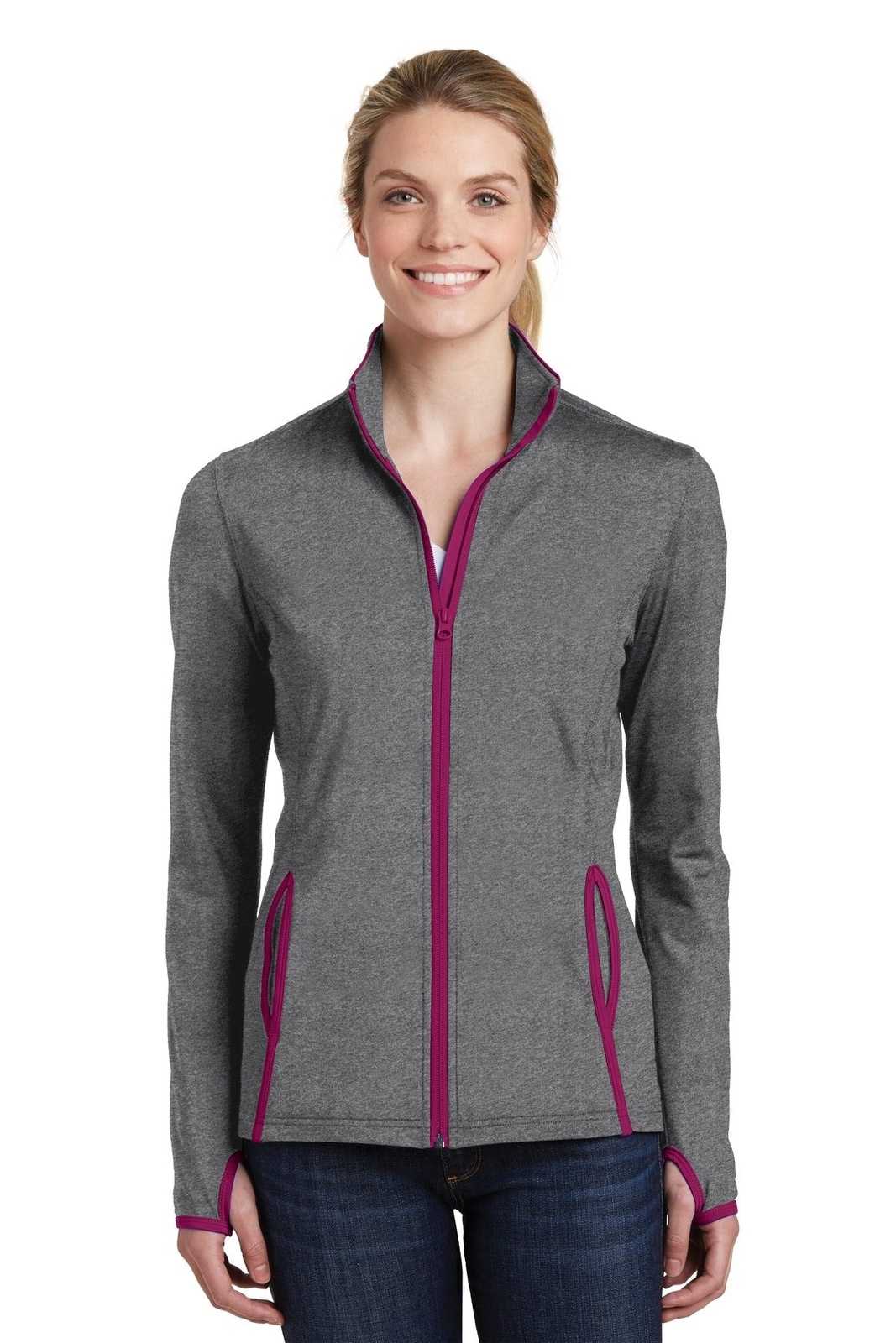 Sport-Tek LST853 Ladies Sport-Wick Stretch Contrast Full-Zip Jacket - Charcoal Gray Heather Pink Rush - HIT a Double - 1