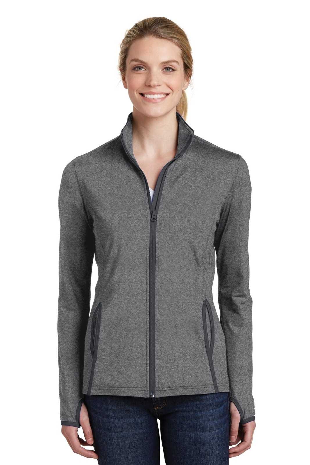 Sport-Tek LST853 Ladies Sport-Wick Stretch Contrast Full-Zip Jacket - Charcoal Gray Heather Charcoal Gray - HIT a Double - 1