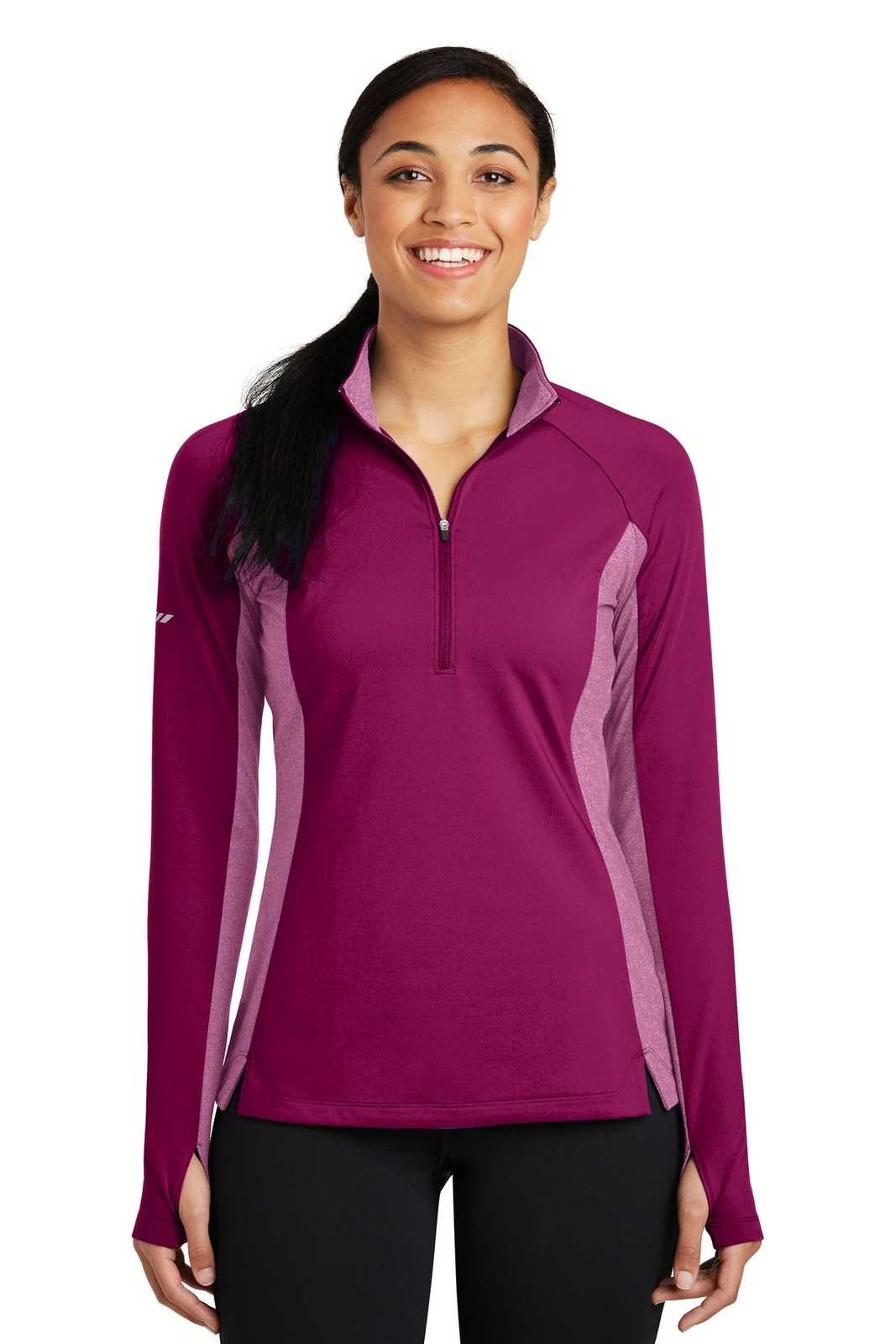 Sport-Tek LST854 Ladies Sport-Wick Stretch Contrast 1/2-Zip Pullover - Pink Rush Pink Rush Heather - HIT a Double - 1