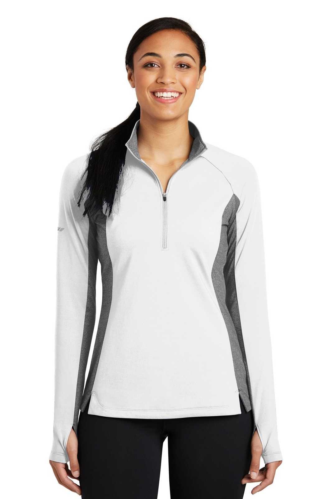 Sport-Tek LST854 Ladies Sport-Wick Stretch Contrast 1/2-Zip Pullover - White Charcoal Gray Heather - HIT a Double - 1