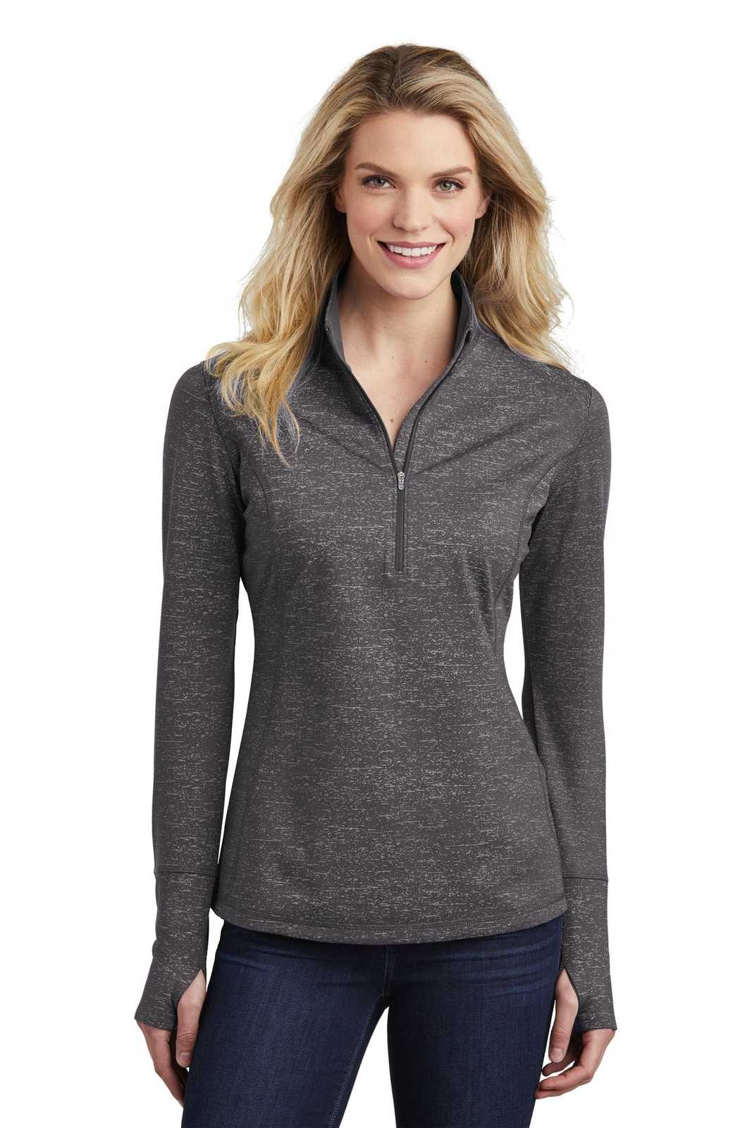 Sport-Tek LST855 Ladies Sport-Wick Stretch Reflective Heather 1/2-Zip Pullover - Charcoal Gray - HIT a Double - 1