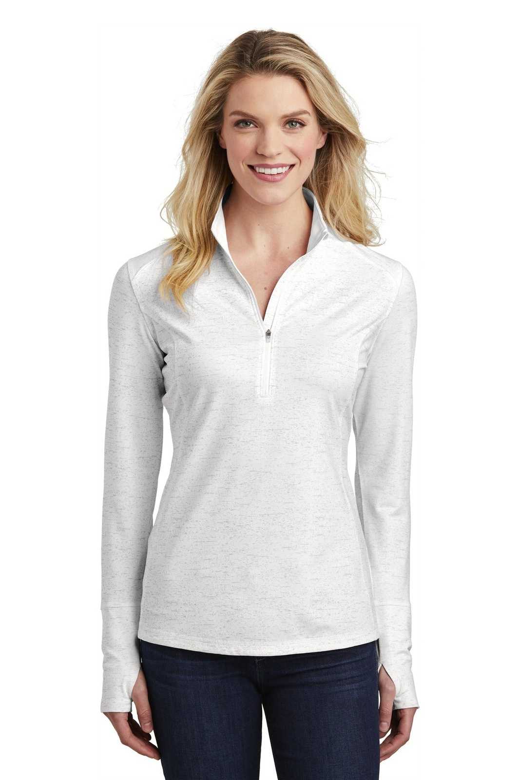 Sport-Tek LST855 Ladies Sport-Wick Stretch Reflective Heather 1/2-Zip Pullover - White - HIT a Double - 1