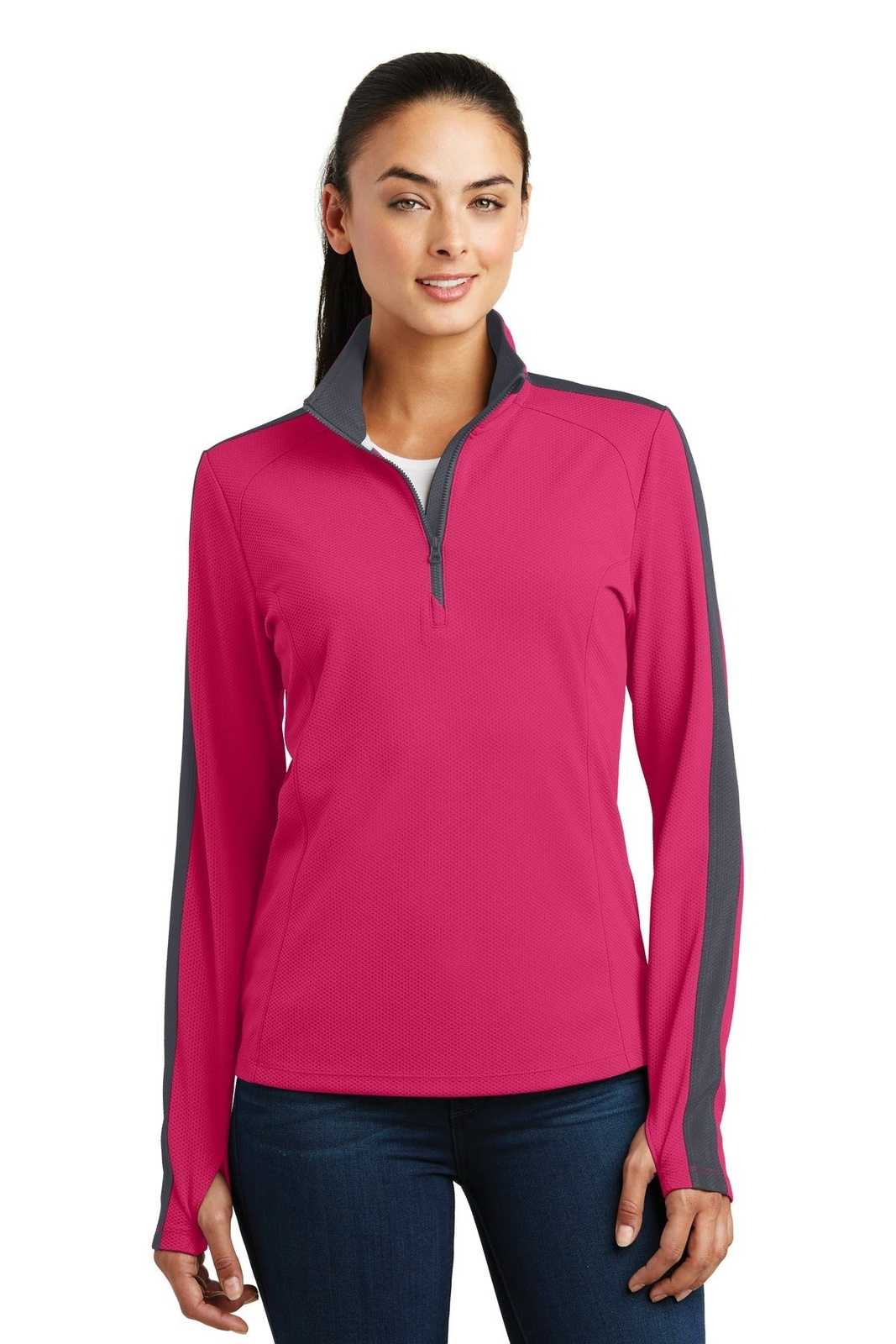 Sport-Tek LST861 Ladies Sport-Wick Textured Colorblock 1/4-Zip Pullover - Pink Raspberry Iron Gray - HIT a Double - 1