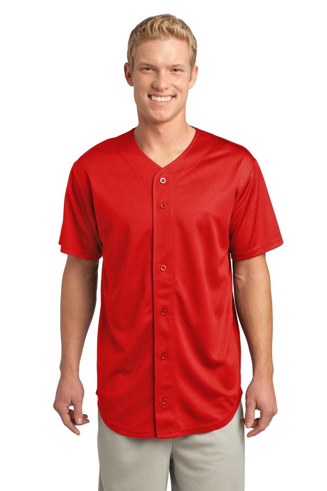 Sport-Tek ST220 PosiCharge Tough Mesh Full-Button Jersey - True Red - HIT a Double - 1