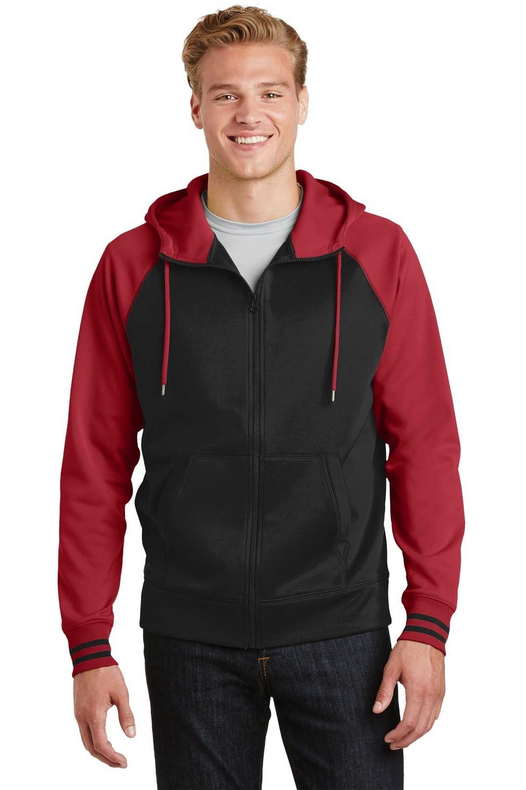 Sport-Tek ST236 Sport-Wick Varsity Fleece Full-Zip Hooded Jacket - Black Deep Red - HIT a Double - 1