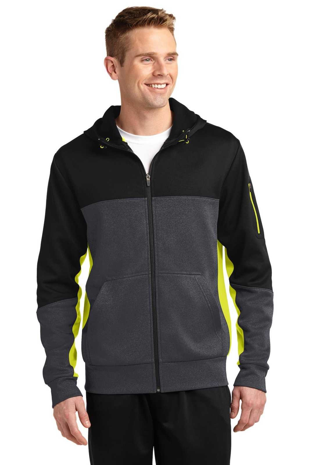 Sport-Tek ST245 Tech Fleece Colorblock Full-Zip Hooded Jacket - Black Graphite Heather Citron - HIT a Double - 1