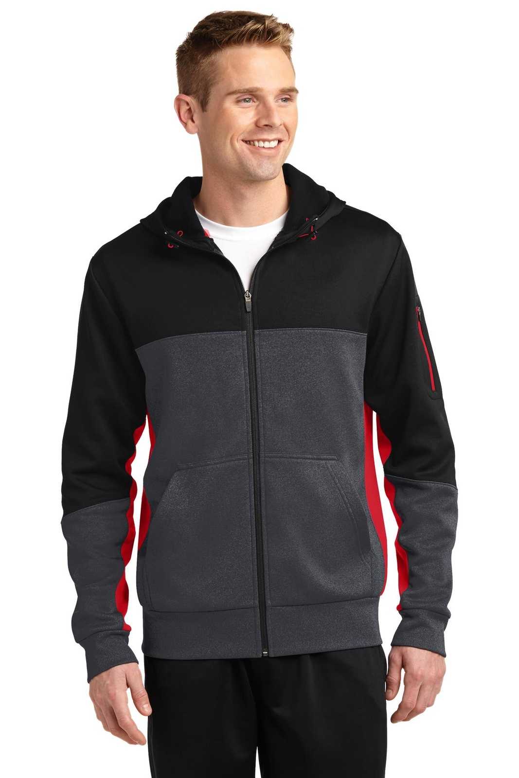 Sport-Tek ST245 Tech Fleece Colorblock Full-Zip Hooded Jacket - Black Graphite Heather True Red - HIT a Double - 1
