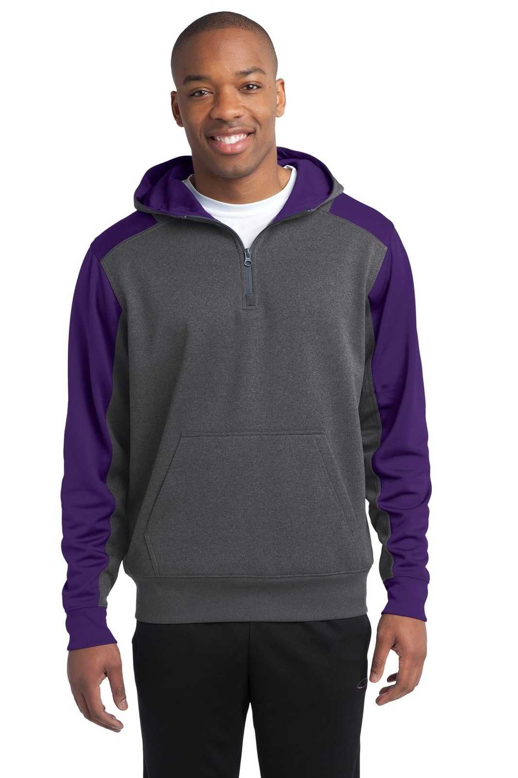 Sport-Tek ST249 Tech Fleece Colorblock 1/4-Zip Hooded Sweatshirt - Graphite Heather Purple - HIT a Double - 1