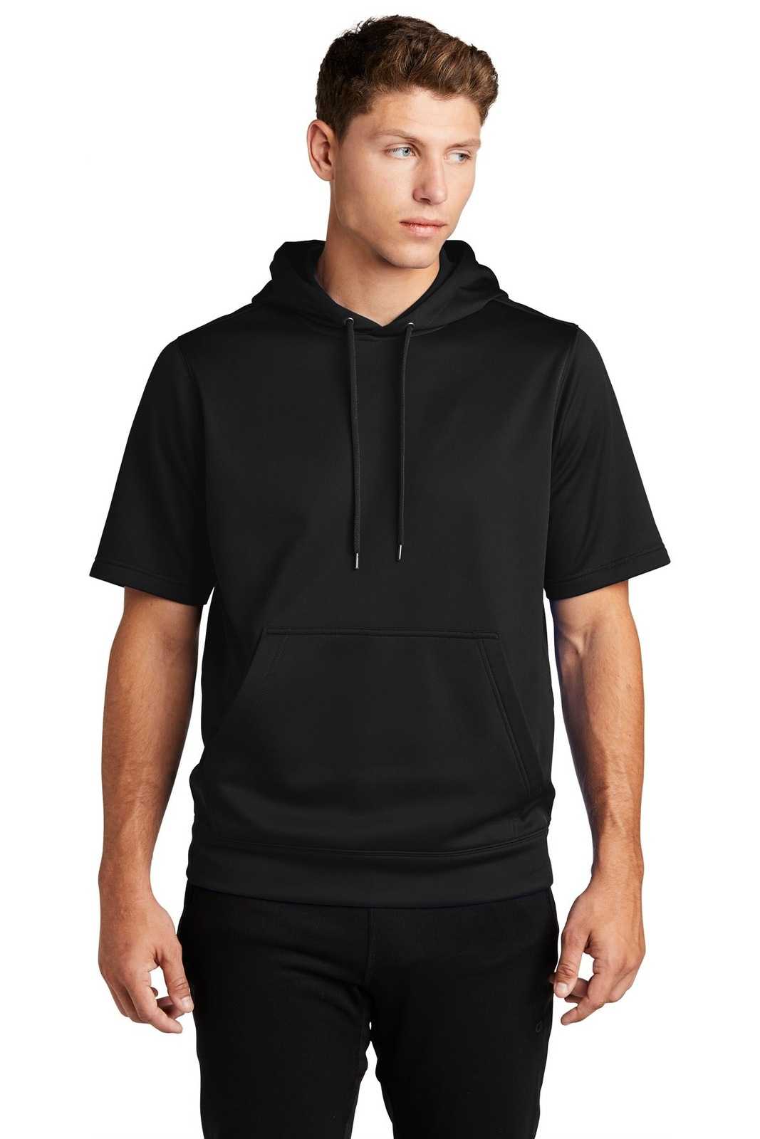 Sport-Tek ST251 Sport-Wick Fleece Short Sleeve Hooded Pullover - Black - HIT a Double - 1
