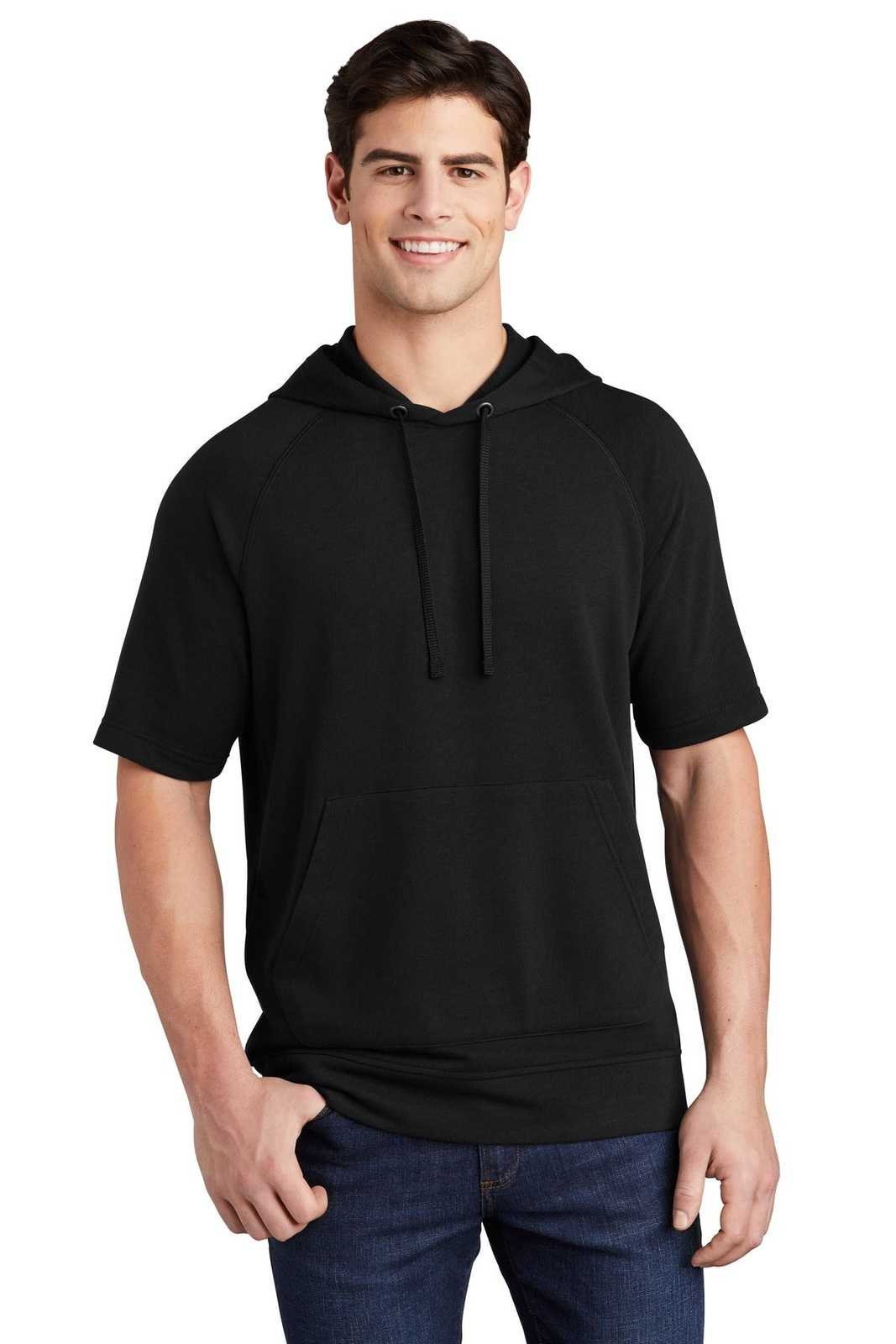Sport-Tek ST297 PosiCharge Tri-Blend Wicking Fleece Short Sleeve Hooded Pullover - Black Triad Solid - HIT a Double - 1