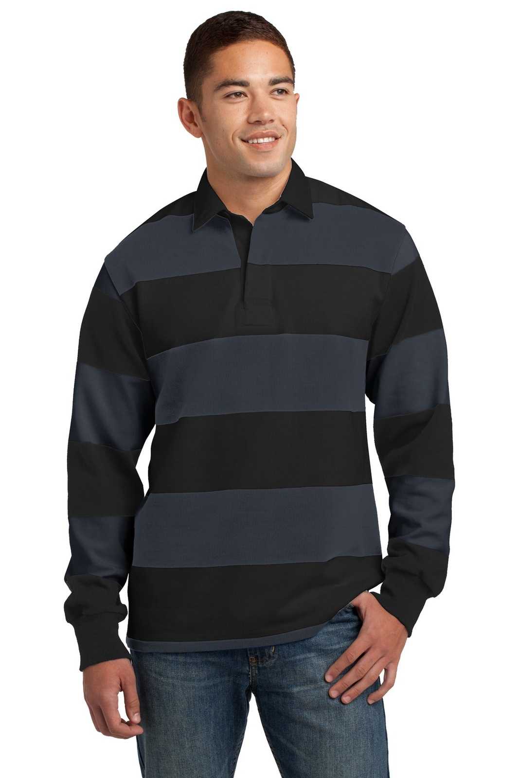 Sport-Tek ST301 Classic Long Sleeve Rugby Polo - Black Graphite - HIT a Double - 1