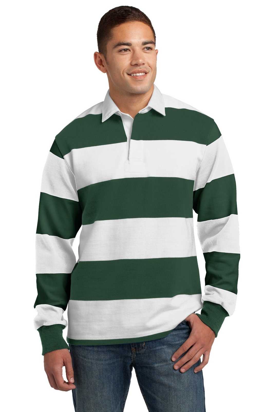 Sport-Tek ST301 Classic Long Sleeve Rugby Polo - Forest Green White - HIT a Double - 1