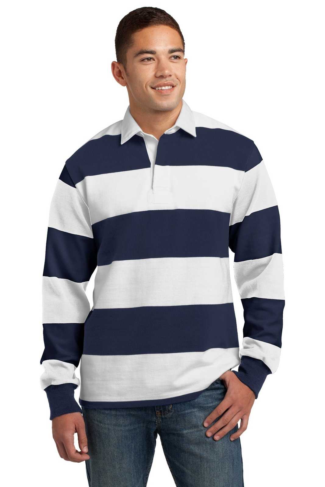 Sport-Tek ST301 Classic Long Sleeve Rugby Polo - True Navy White - HIT a Double - 1