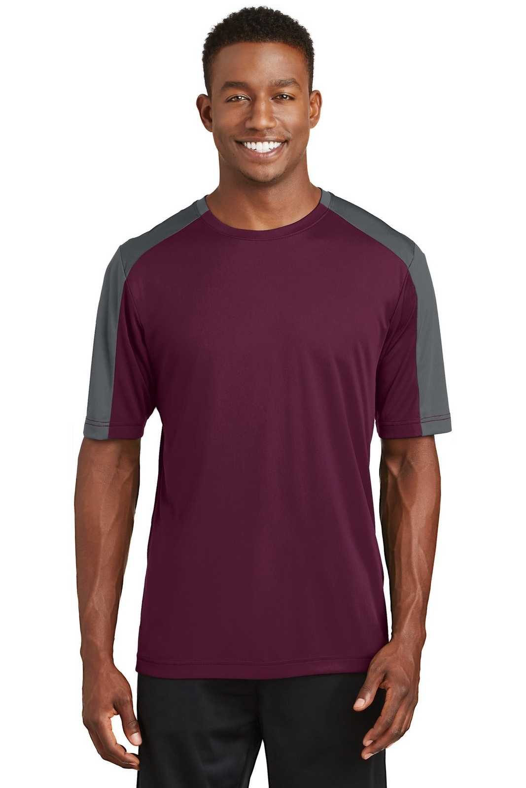 Sport-Tek ST354 PosiCharge Competitor Sleeve-Blocked Tee - Maroon Iron Gray - HIT a Double - 1