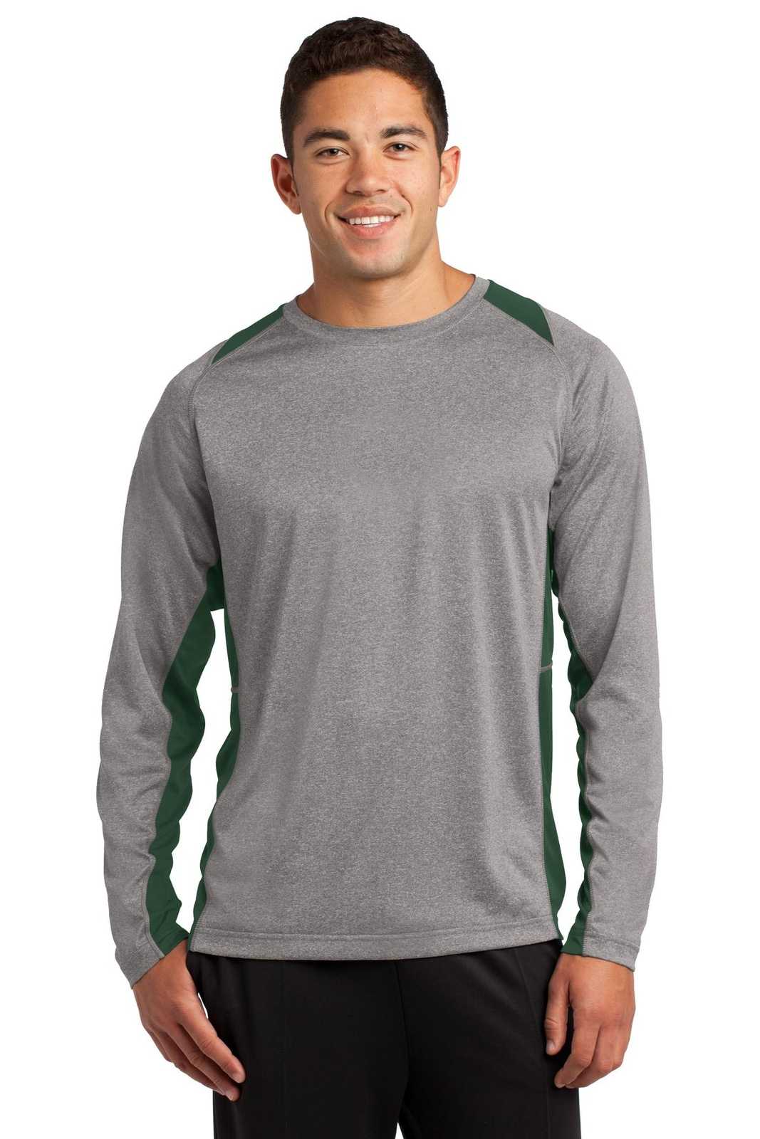 Sport-Tek ST361LS Long Sleeve Heather Colorblock Contender Tee - Vintage Heather Forest Green - HIT a Double - 1