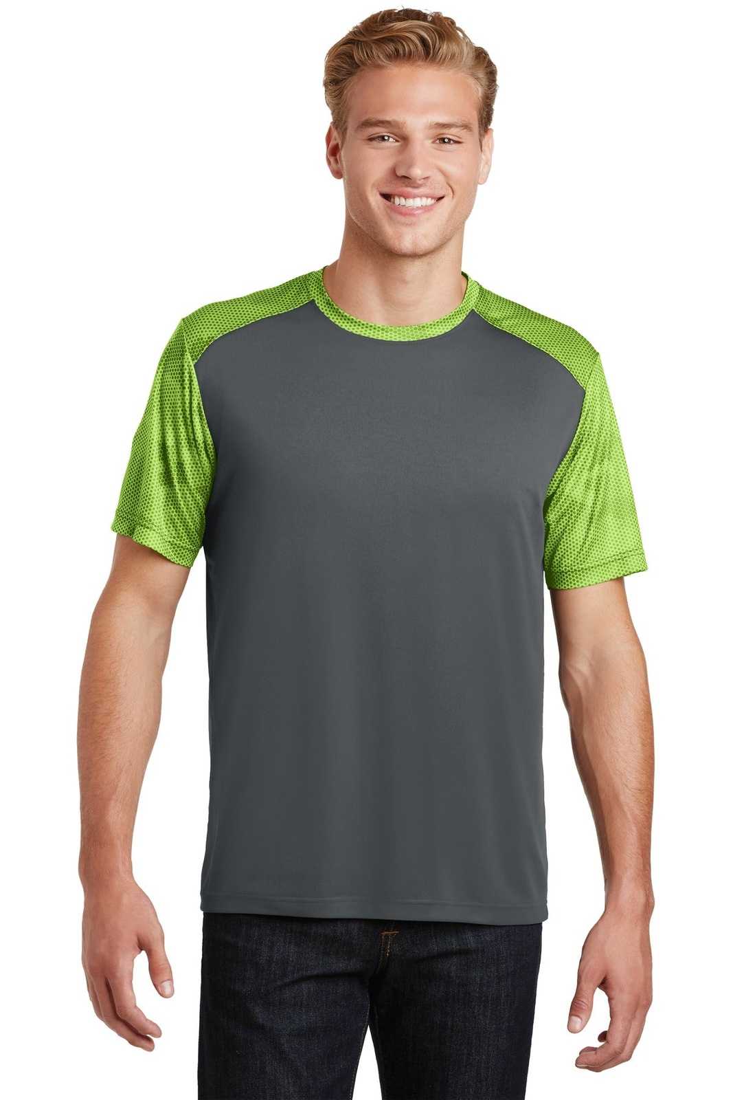Sport-Tek ST371 CamoHex Colorblock Tee - Iron Gray Lime Shock - HIT a Double - 1
