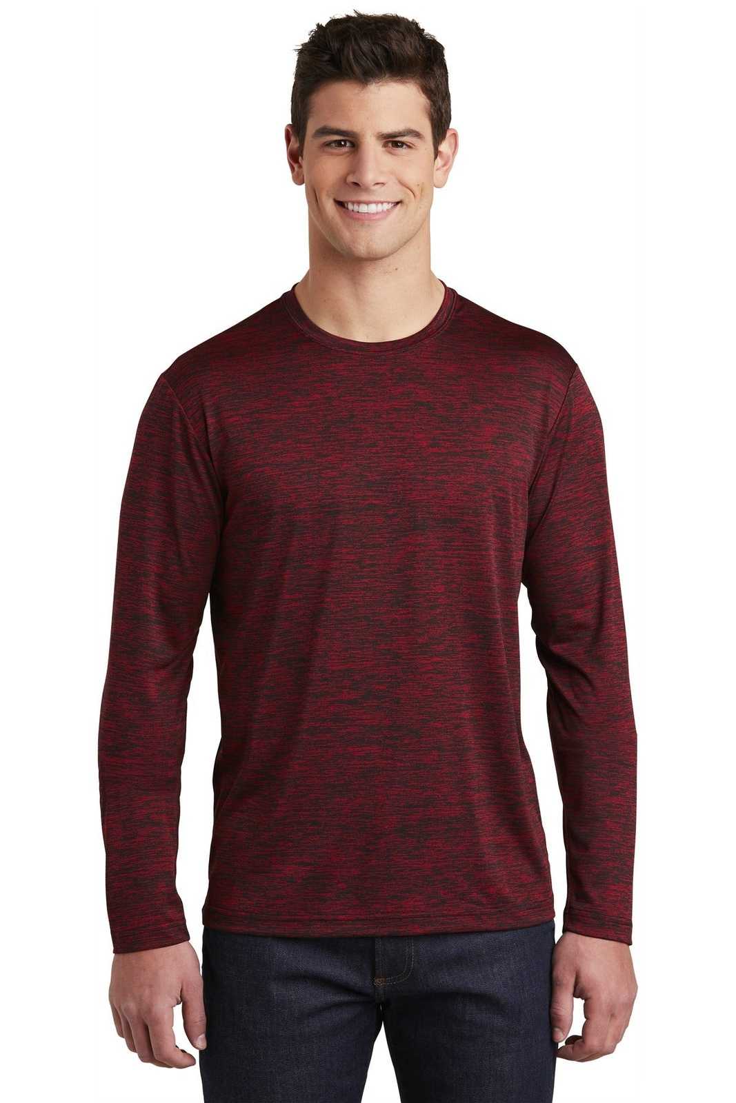 Sport-Tek ST390LS PosiCharge Long Sleeve Electric Heather Tee - Deep Red-Black Electric - HIT a Double - 1