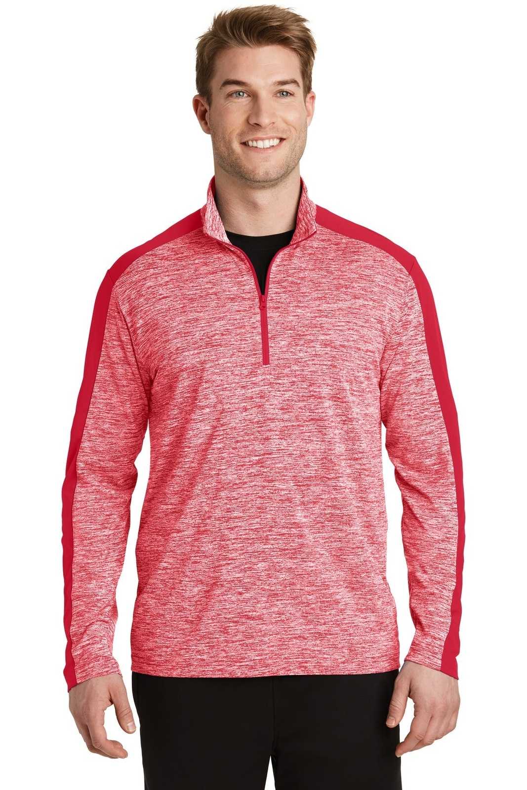 Sport-Tek ST397 PosiCharge Electric Heather Colorblock 1/4-Zip Pullover - Deep Red Electric Deep Red - HIT a Double - 1
