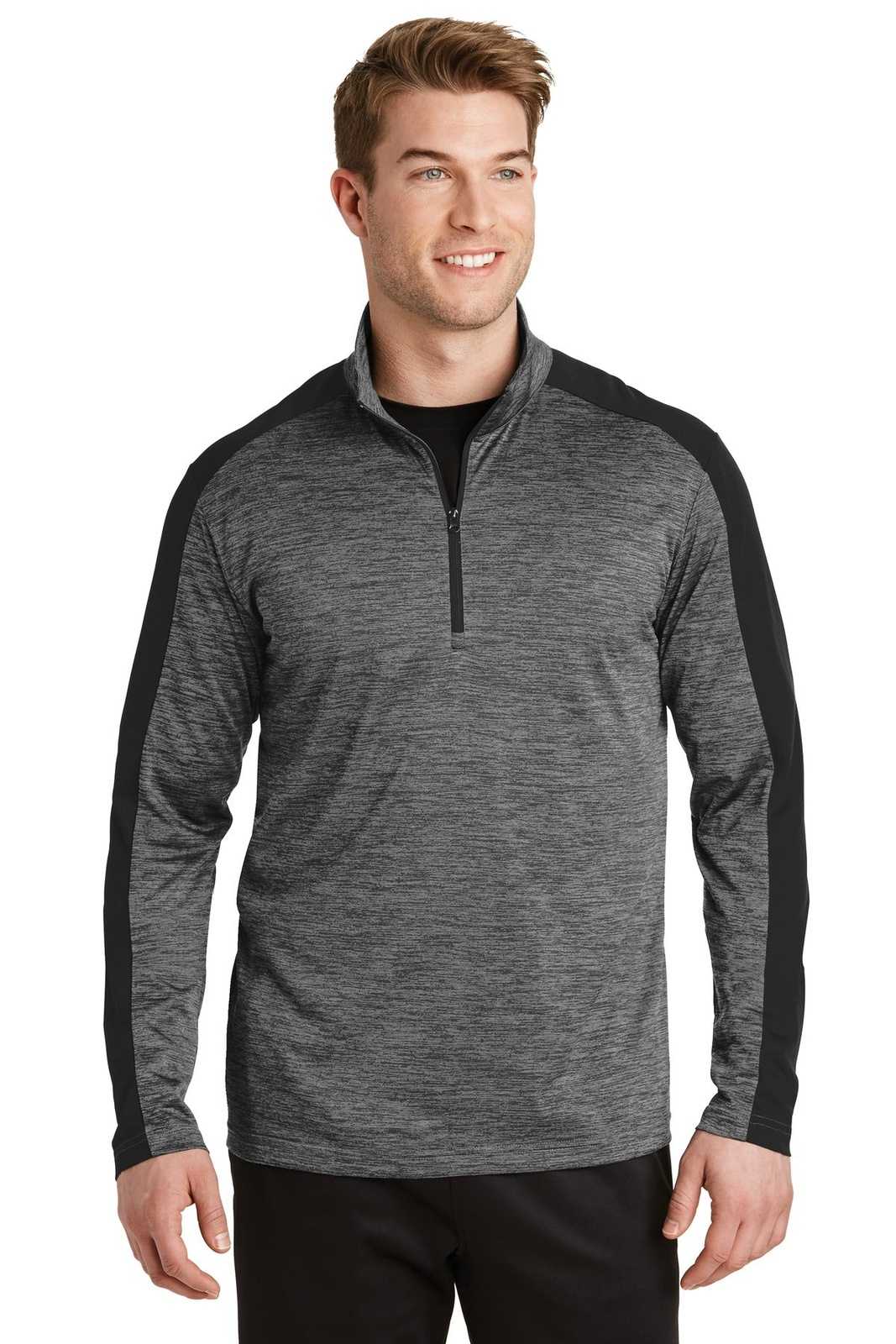 Sport-Tek ST397 PosiCharge Electric Heather Colorblock 1/4-Zip Pullover - Gray-Black Electric Black - HIT a Double - 1