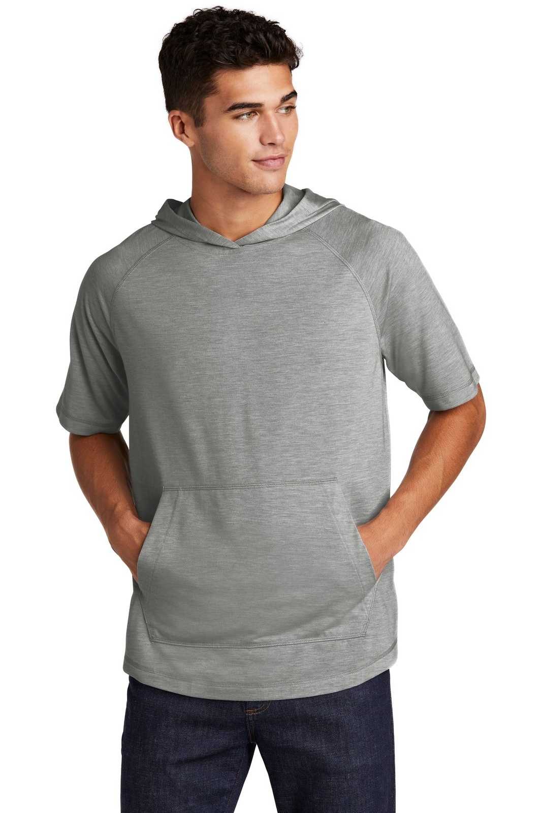 Sport-Tek ST404 PosiCharge Tri-Blend Wicking Short Sleeve Hoodie - Light Gray Heather - HIT a Double - 1