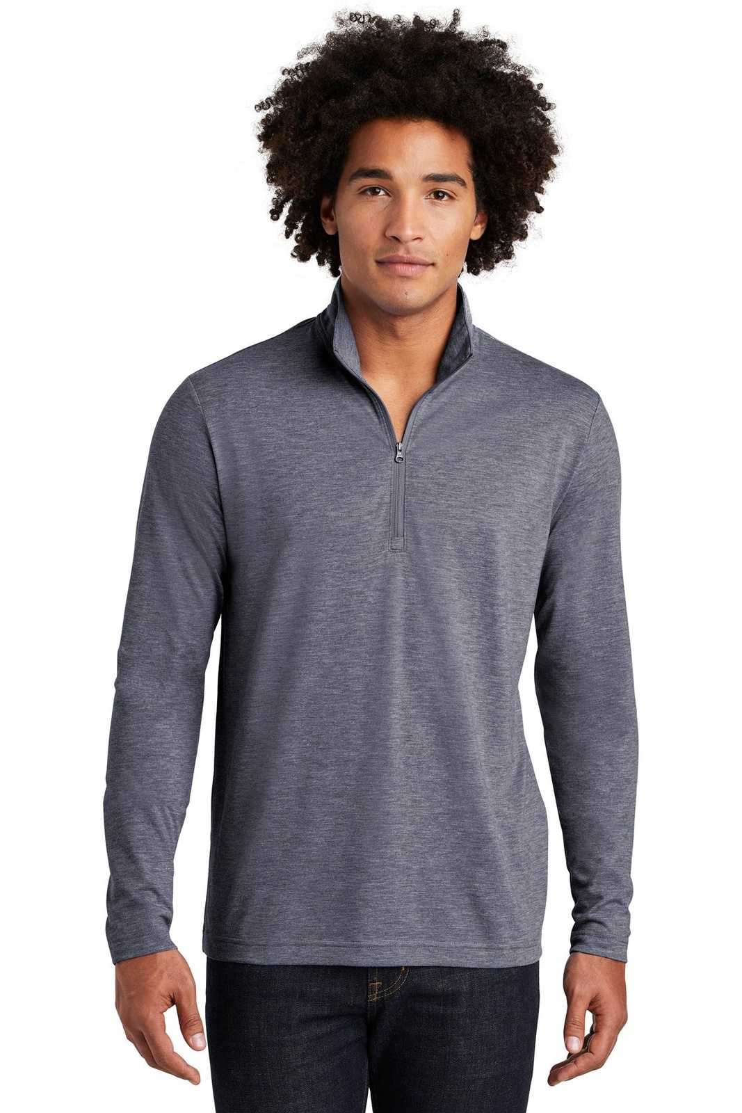 Sport-Tek ST407 PosiCharge Tri-Blend Wicking 1/4-Zip Pullover - True Navy Heather - HIT a Double - 1