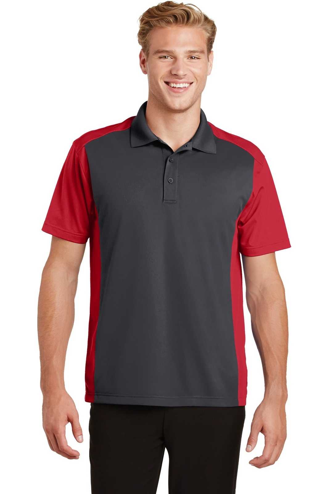 Sport-Tek ST652 Colorblock Micropique Sport-Wick Polo - Iron Gray True Red - HIT a Double - 1