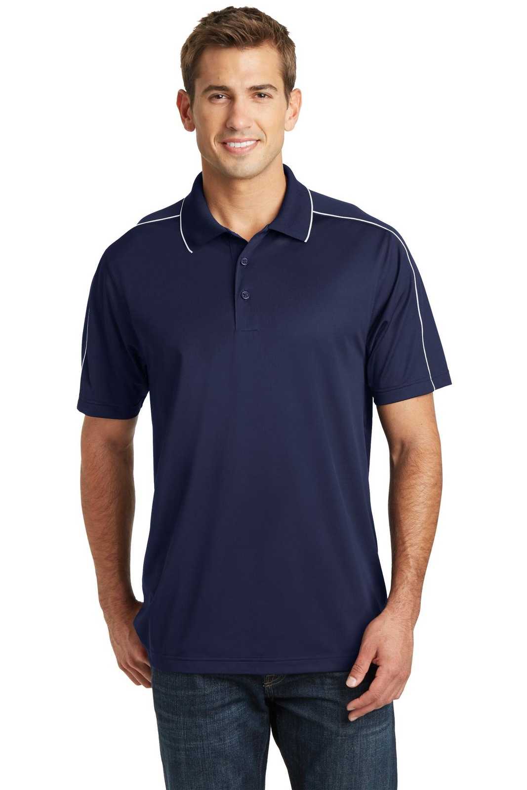 Sport-Tek ST653 Micropique Sport-Wick Piped Polo - True Navy White - HIT a Double - 1