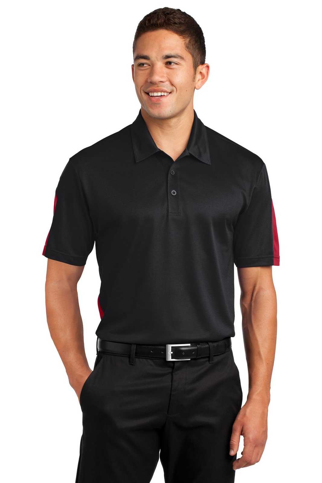 Sport-Tek ST695 PosiCharge Active Textured Colorblock Polo - Black True Red - HIT a Double - 1