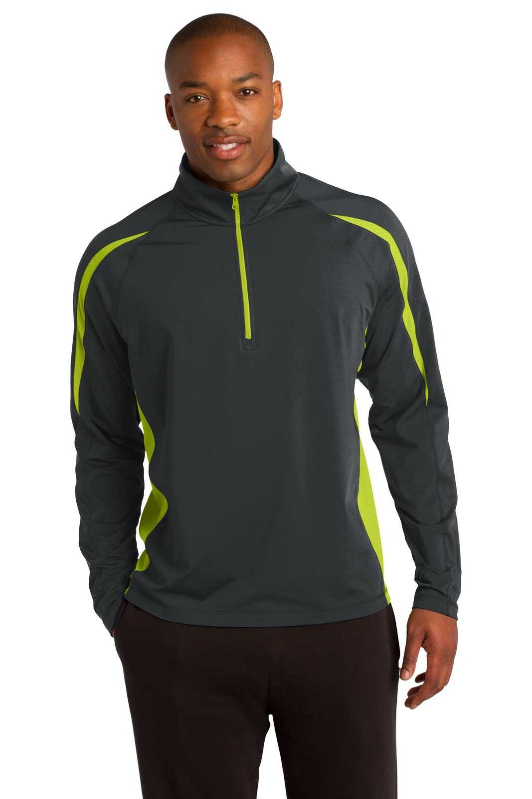 Sport-Tek ST851 Sport-Wick Stretch 1/2-Zip Colorblock Pullover - Charcoal Gray Charge Green - HIT a Double - 1